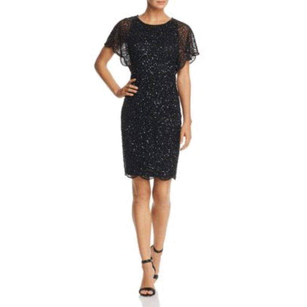 Adrianna Papell Flutter Sleeve Black Beaded Sequined Cocktail Evening Dress 12